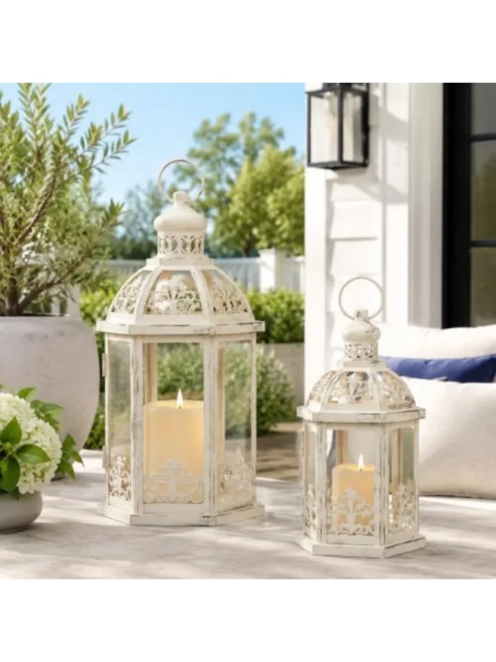 Set of 2 Beige Metal Lanterns for Indoor & Outdoor Decor - Candle Holders for